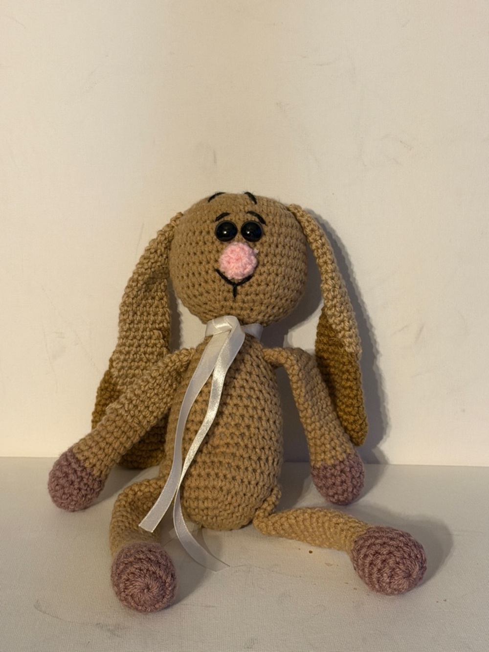 Handmade Beige Crochet Bunny Plush with Pink Accents